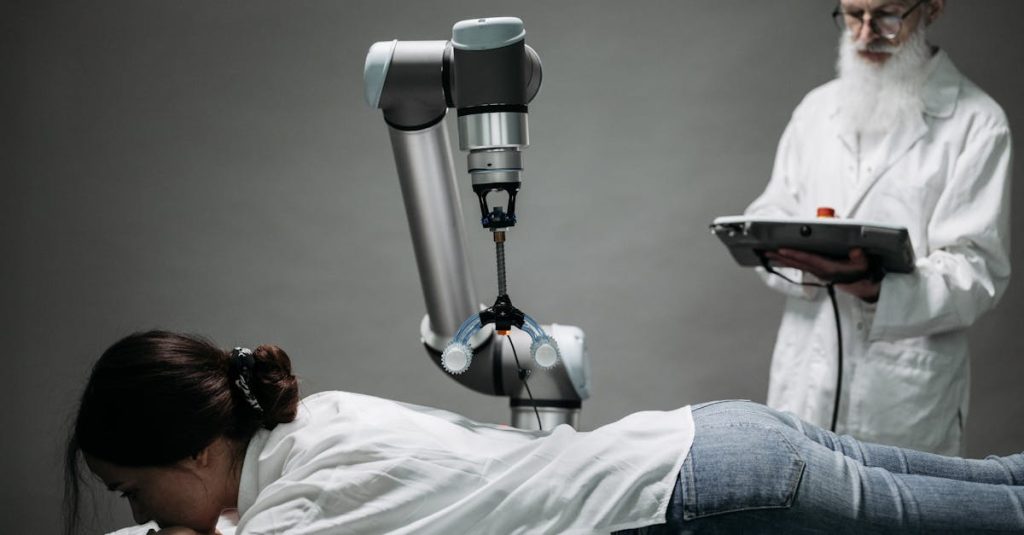 A woman receives a robotic massage as a scientist monitors, showcasing modern technology.